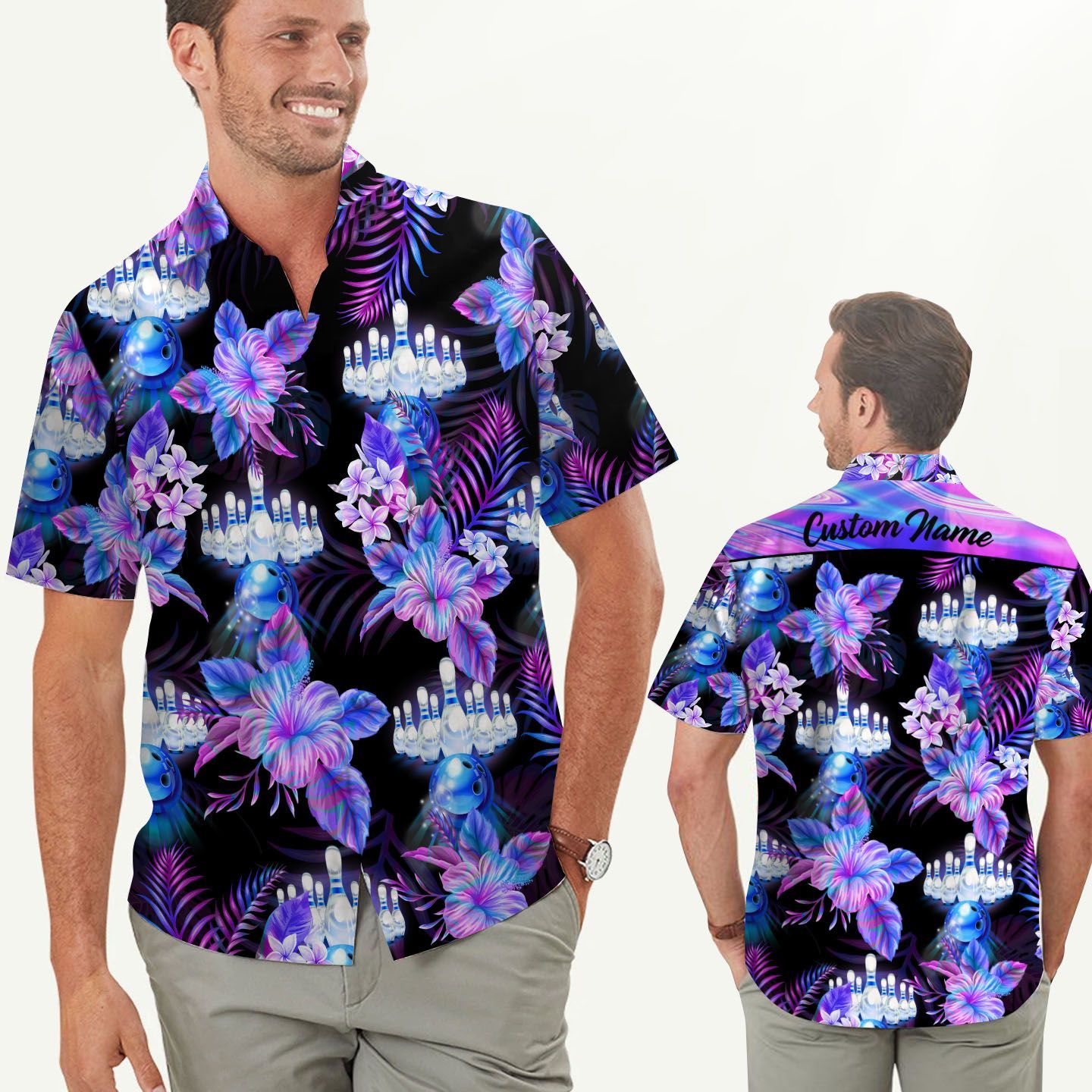 Beach Shirt Bowling Holographic Tropical Flowers Custom Name Men Hawaiian Shirt