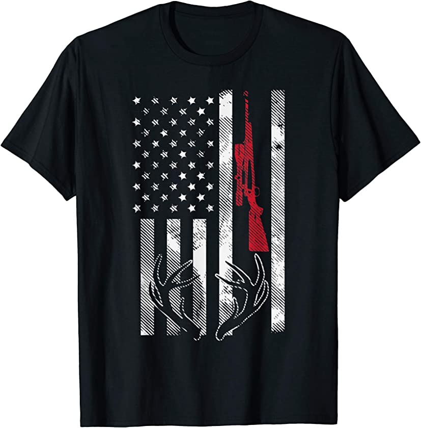 American Flag Rifle Antler Vintage Deer Hunting Hunter Gift T-Shirt