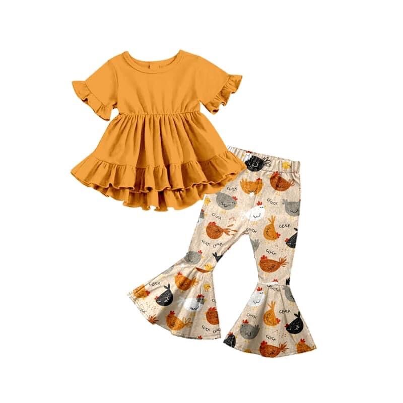 Wholesale Girls Sets Ruffles Short Sleeve Cotton Cartoon Dress top Chick Print Bell Pants Outfits alx