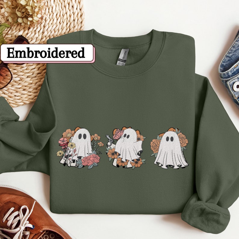 Ghost With Floral Halloween Embroidered Sweatshirt 2D Crewneck Sweatshirt All Over Print Sweatshirt For Women Sweatshirt For Men Sws4648