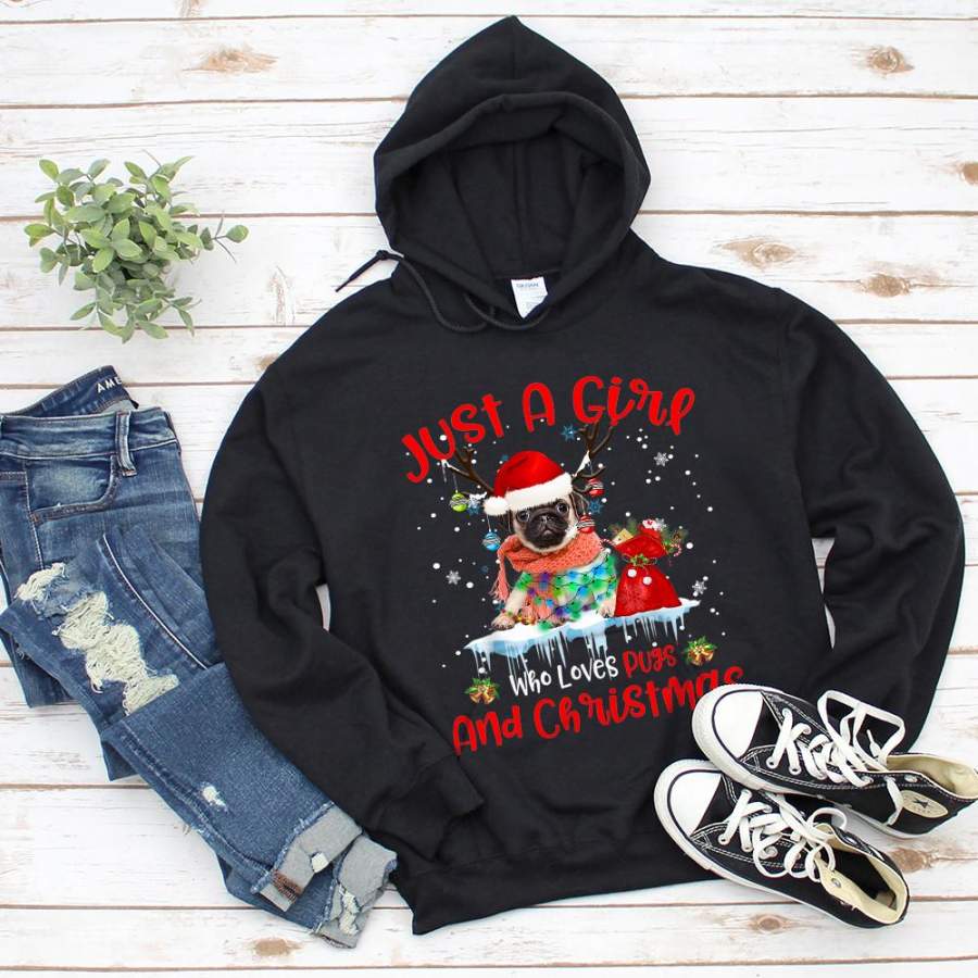 Baby pug dog just a girl who loves pug and christmas colorful light snow candy cane happy holiday black hoodie for men and women S-5XL