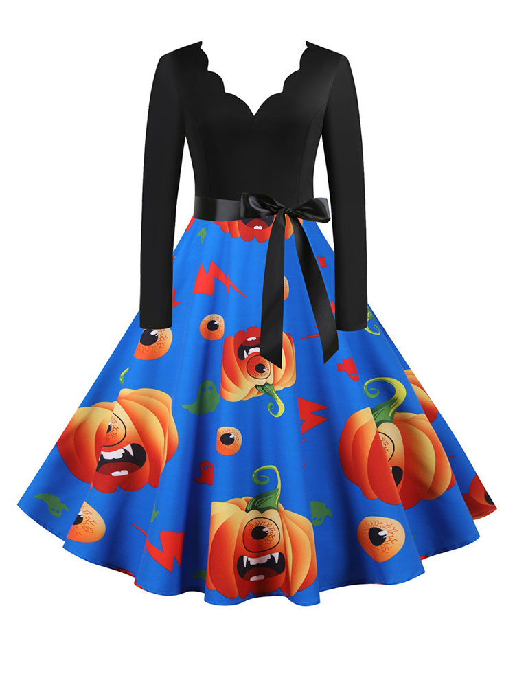 Women Dress Winter Long Sleeve V Neck Pumpkin Print Halloween Costume Party Dresses Casual Vintage S~3XL Clothing alx