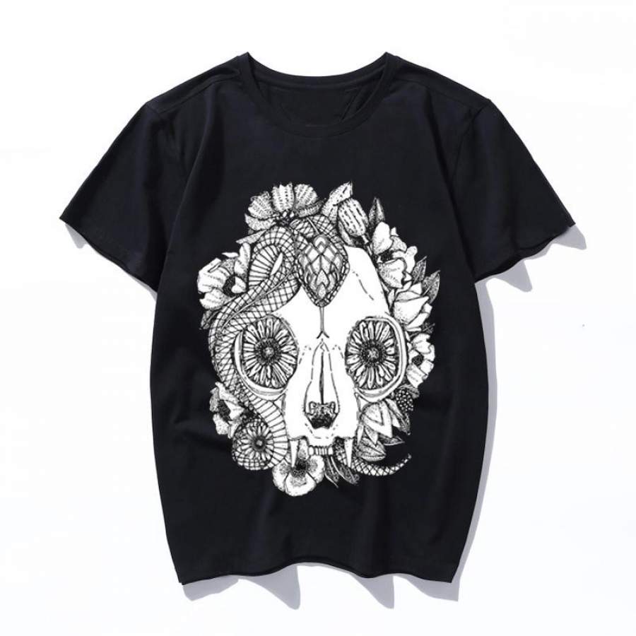 cat skull and snake Summer black T Shirt Women Short Sleeve men t shirt Cotton Letter Alphabet Pattern Print Graphic Design Tops Tee Clothing