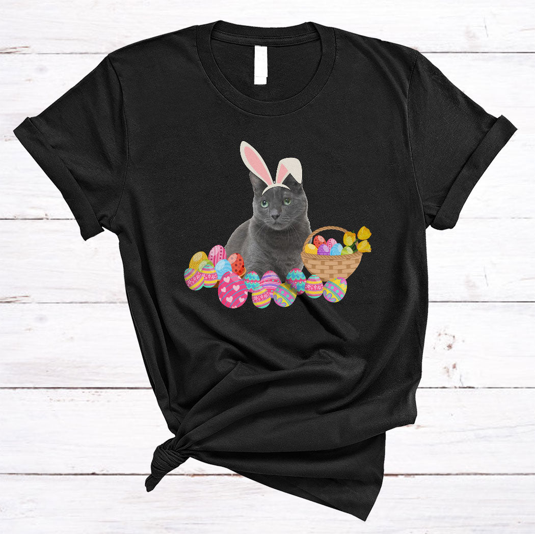 Bunny Russian Blue Cute Happy Easter Day Egg Basket Bunny Cat Egg Hunt Lover Gifts T-Shirt