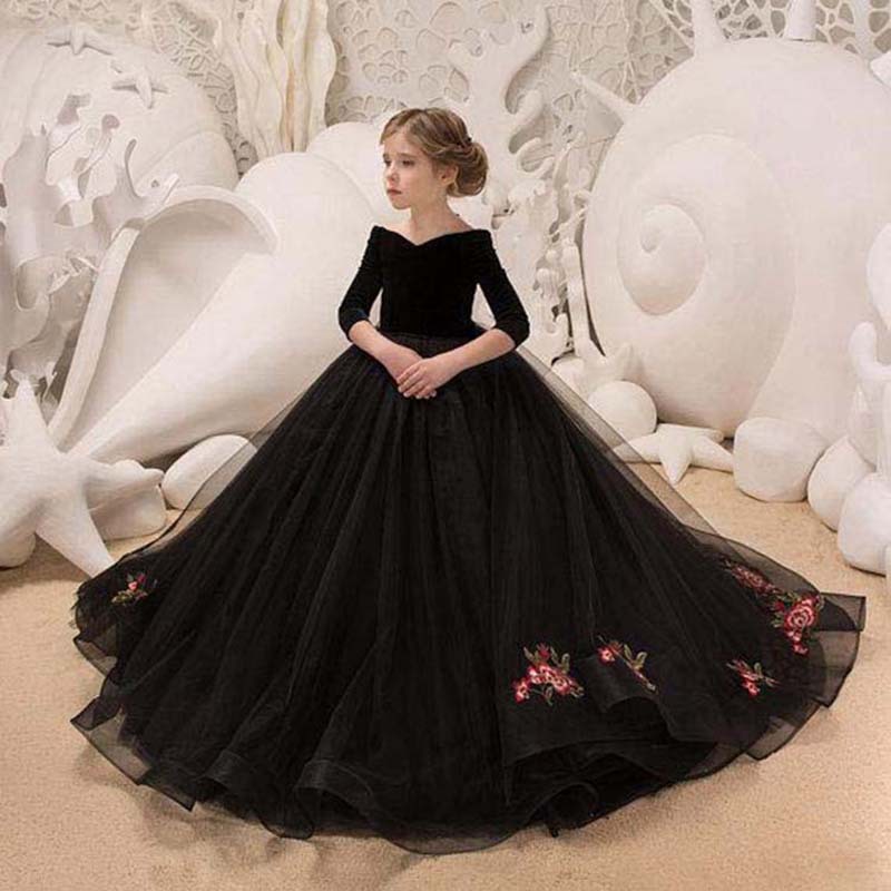 Summer Kids Dresses For Girls Noble Catwalk Elegant Long Prom Black Embroidery Tulle Gowns Children Grade Graduation Dresses alx