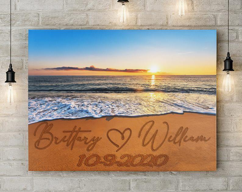 [Personalized Name & Date] Beach Name In Sand – Best Idea Gift For Couple, Gift For Home Decor, Gift For Family – Horizontal Canvas Matte Canvas Wall Art