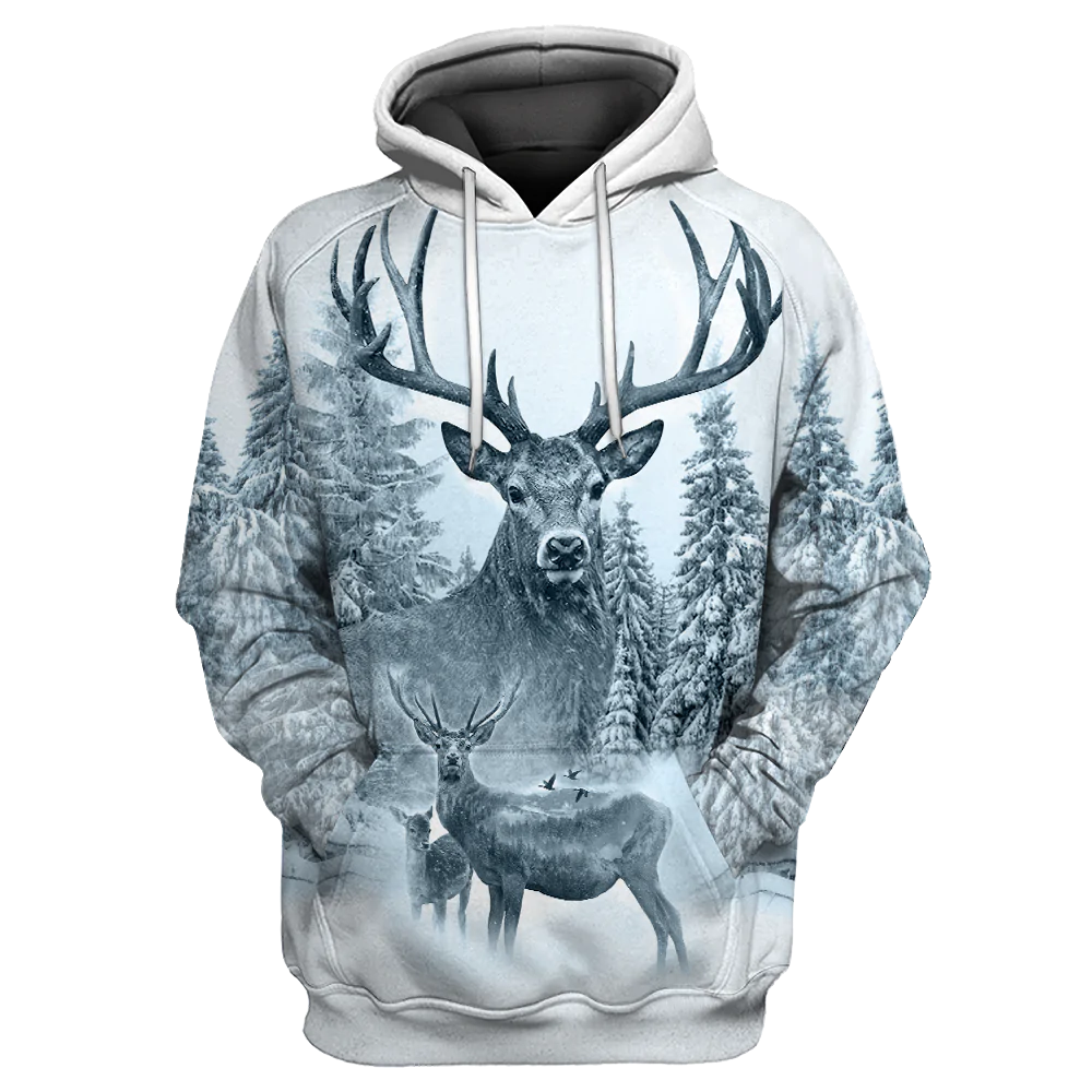 White Deer Hunting Full Print On Hoodies, Hunting Hoodie, White Winter Hunting Hoodies Women