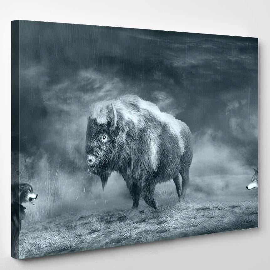 Winter Scene Wolves Bison 3D Illustration – Bison Animals Canvas Print