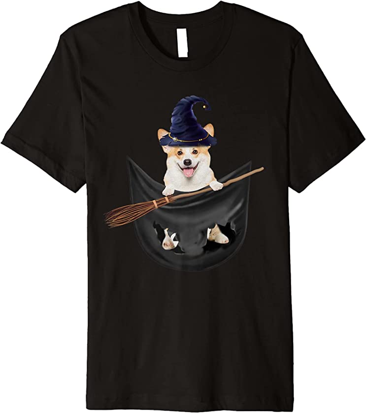 Witch Dog Corgi In The Pocket Funny Puppy Lover Halloween Premium T-Shirt