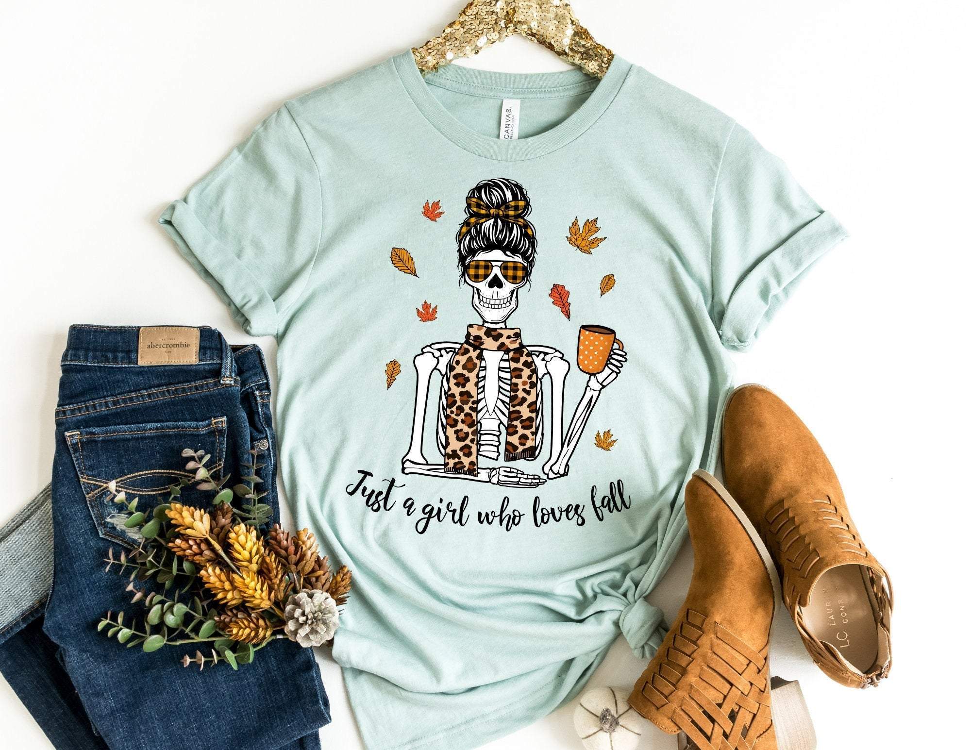 Just A Girl Who Loves Fall Skeleton Shirt, Fall Leopard Shirt, Thanksgiving Shirt, Fall Tshirt, Pumpkin Shirt, Shirts For Fall, Fall T-Shirt T-Shirt Hoodie All Color Size S-5Xl