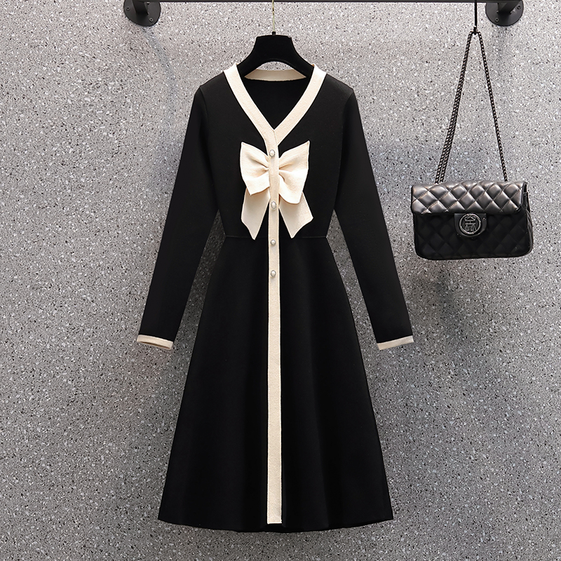 Warm Sweater Dress Women Autumn Winter 2022 Sweet Bowknot V-neck Patchwork Long Sleeve Ladies Elegant Knitted Dresses Black alx