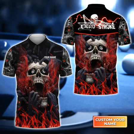 Dead Stroke Pool 8 Ball Skull On Fire 3D Polo Shirt, Billiard Shirt For Men, Gift For Billiard Players