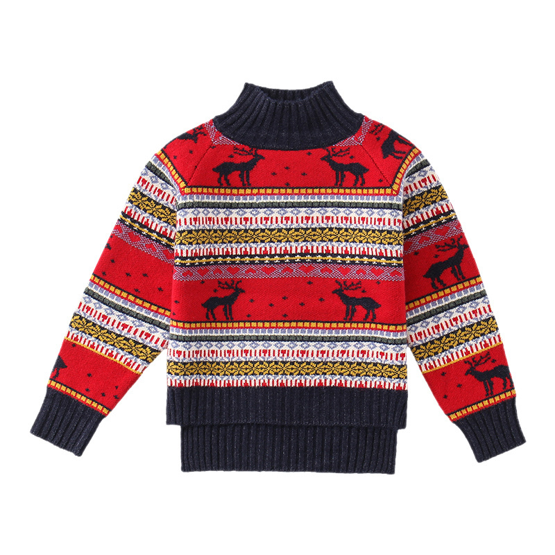 Sweet Girls Sweaters Warm Knits Clothes Cartoon deer Striped Print Red Turtleneck pullovers for 4 5 6 7 8 9 10 11 12 Years Girls alx