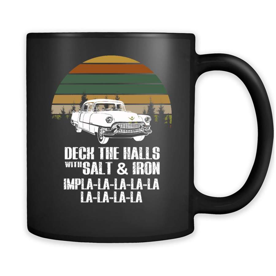 Deck The Halls With Salt & Iron Impla la la la, Retro Vintage – Full-Wrap Coffee Black Mug