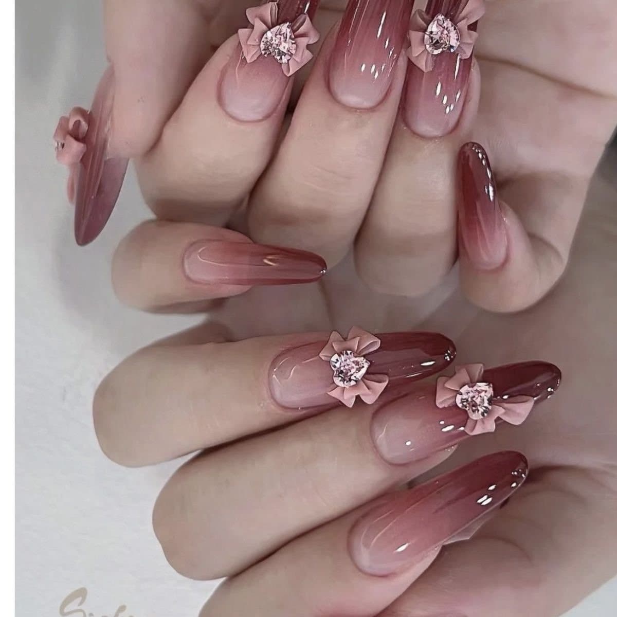 Deep Red Ombre with Pink Bow Press On Nails/ Party Nails/ wedding nails/ Elegant Nails #339