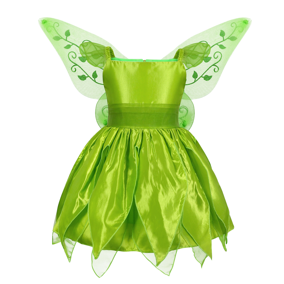 Tinkerbell Halloween Cosplay Princess Baby Girl Party Green Flower Fairy Tinker Bell Dress Elf Costume with Butterfly Wings Sets alx