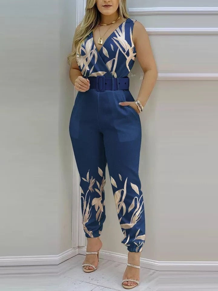 Floral Women Jumpsuits, Boho Wide Leg Overalls, Bohemian Chiffon Retro Trousers, Festival Gypsy Suspender, V neck Spaghetti Strap Pants