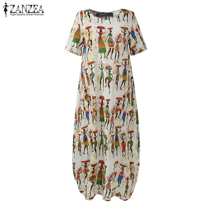 Women’s Summer Sundress ZANZEA Stylish Cartoon Print Maxi Dress Casual Short Sleeve Tunic Vestidos Female O Neck Robe Oversize alx