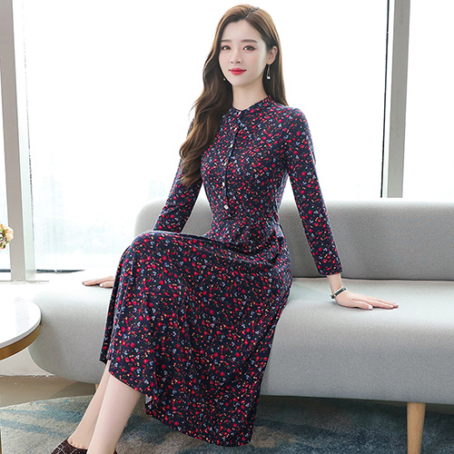 2022 Autumn Winter Knitted Warm Dress Korean Long Sleeve Printed Vintage Midi Dress Elegant Women Casual Red Party Maxi Vestidos alx