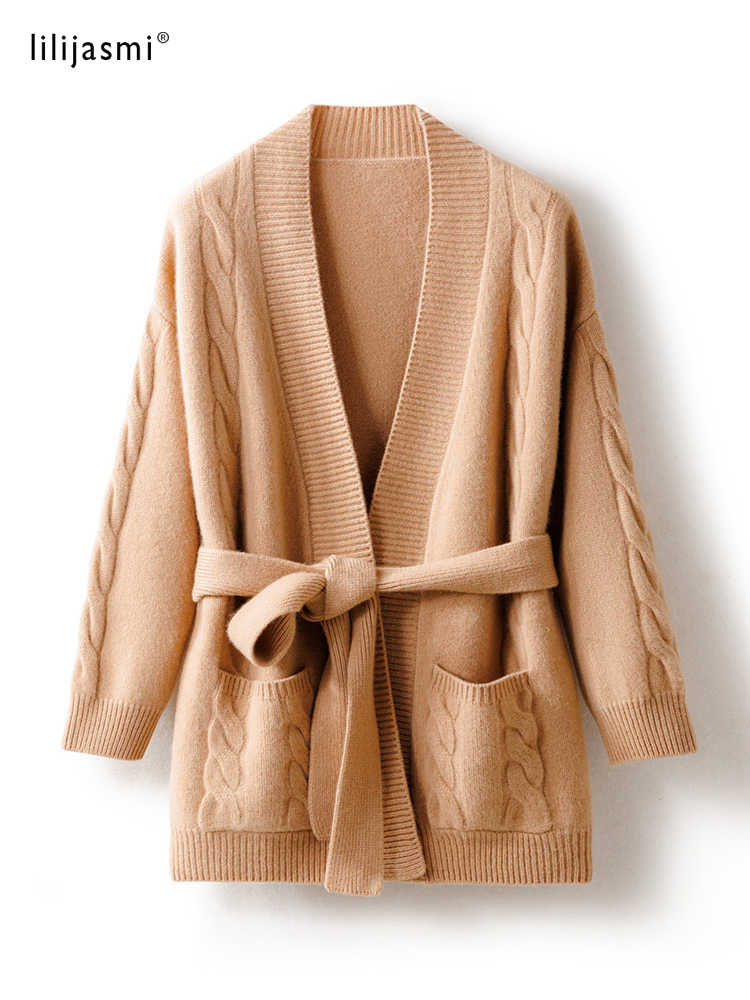 Thick Loose Long Cable Cardigan 65% Wool 35% Cashmere Relaxed Knitted Jacket Women Belt Pocket Blend Coarse Yarn Sweater 2022 alx