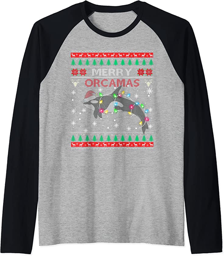 Merry Orcamas Santa Claus Killer Whale Fan Ugly Xmas Sweater Raglan Baseball Tee