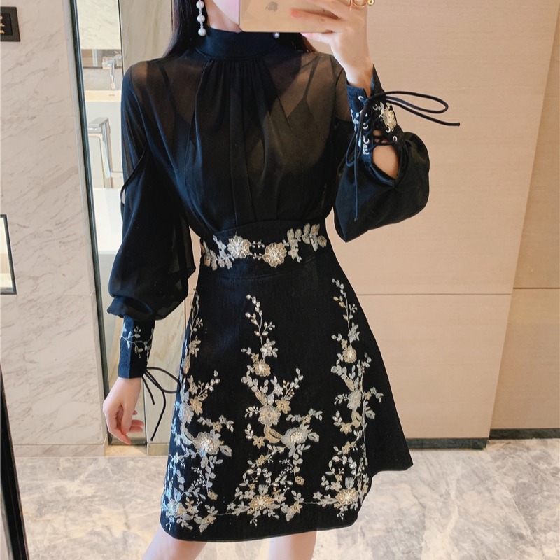 Brand Suit Set 2020 New Women Elegant Bowknot Collar See Through Chiffon Blouse Shirt+Beading Embroidery High Waist Skirt Set alx