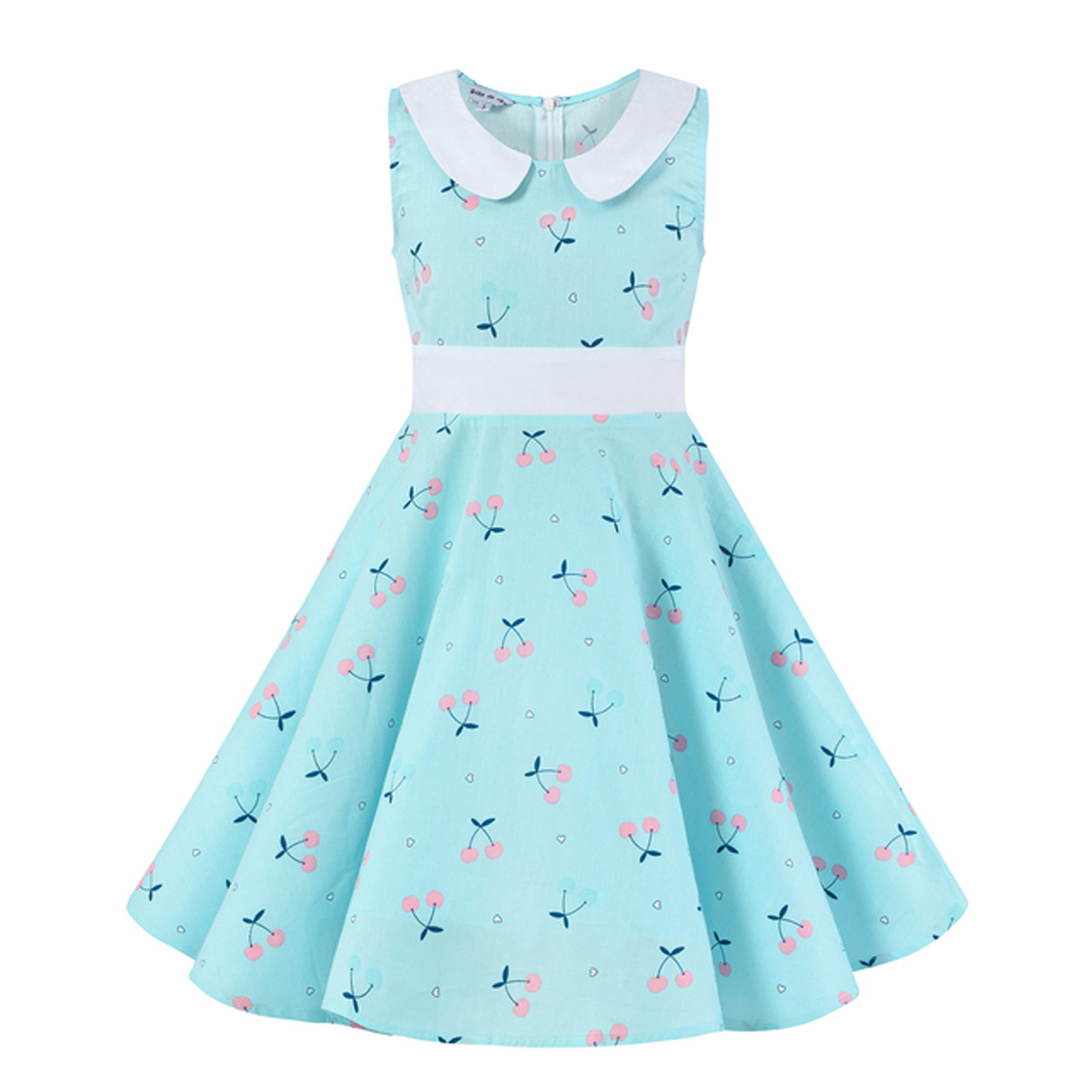 Vintage Dress for Children Kids VD1151 Swing Cotton Retro Cherry Floral Print Polka Dot Dress for Girl alx