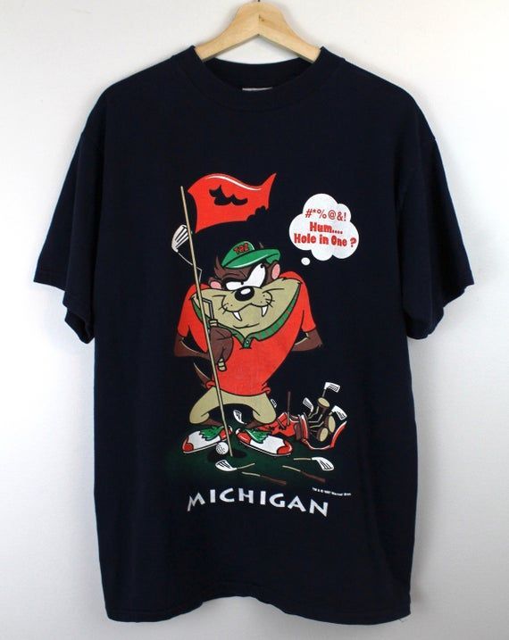 90S Vintage Taz Shirt Tasmanian Devil Graphic Shirt Looney Tunes Warner Bros Taz Golf Michigan Dark Navy Blue Arge Shirt