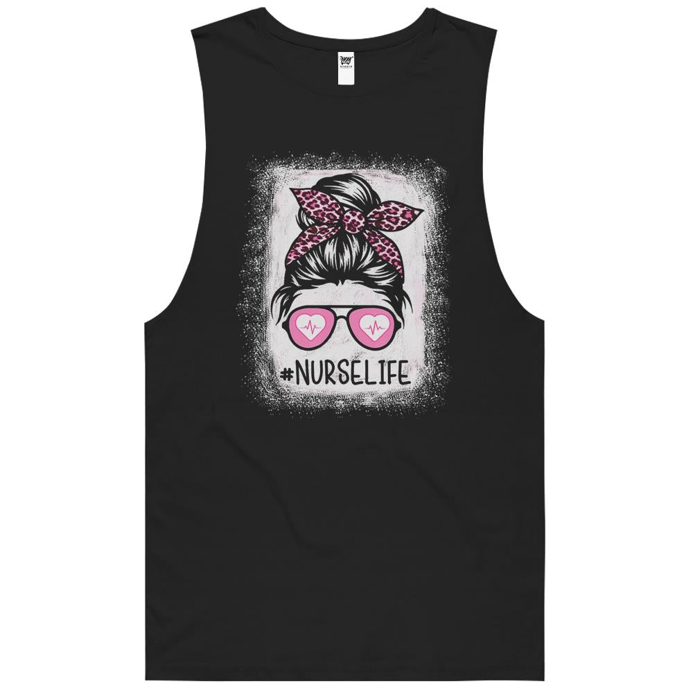 Nurse Life Bleached Shirts Pink Leopard Messy Bun Nurse Life Tank Top