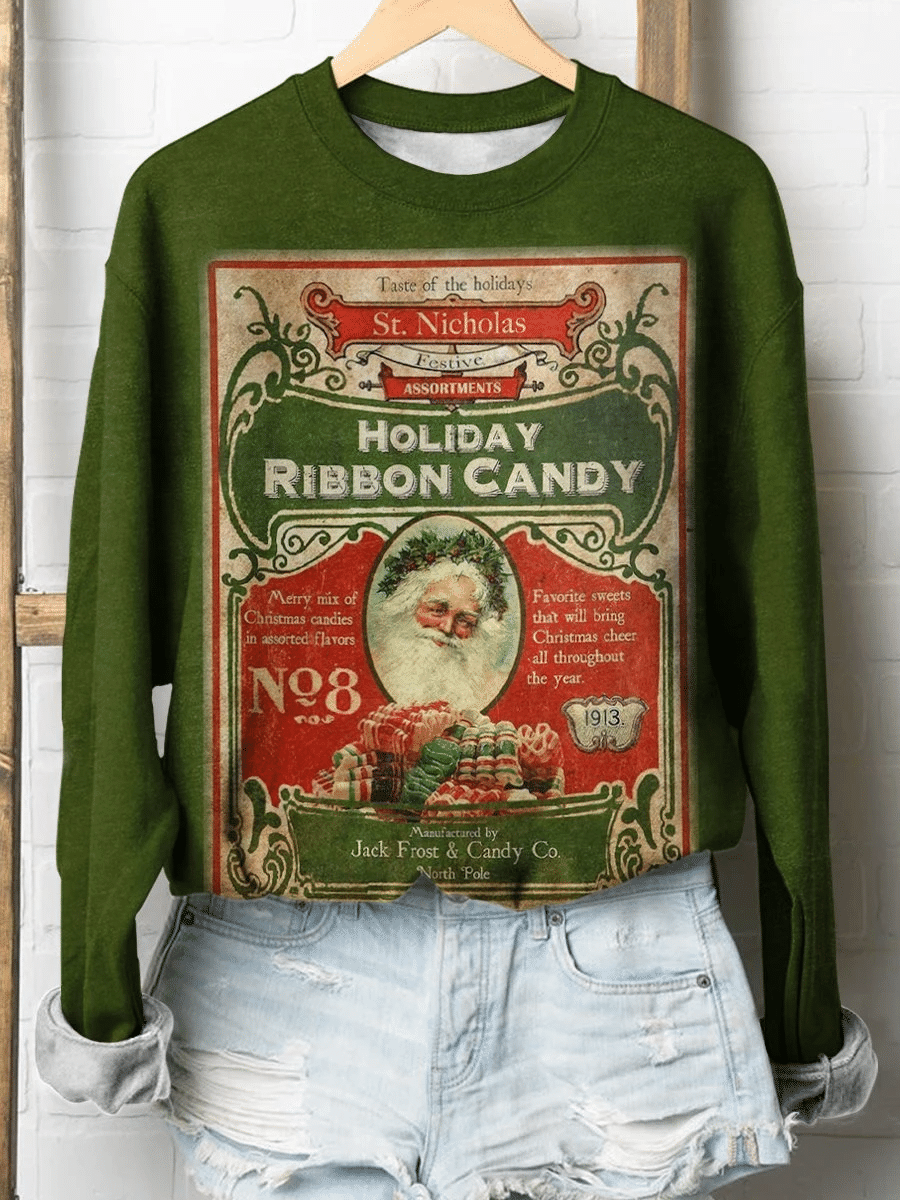 Christmas Holiday Ribbon Candy Vintage Print Long Sleeve Sweatshirt