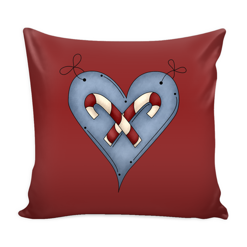 Country Christmas Candy Cane Heart 16″ Square Pillow Cover (Cover Only)