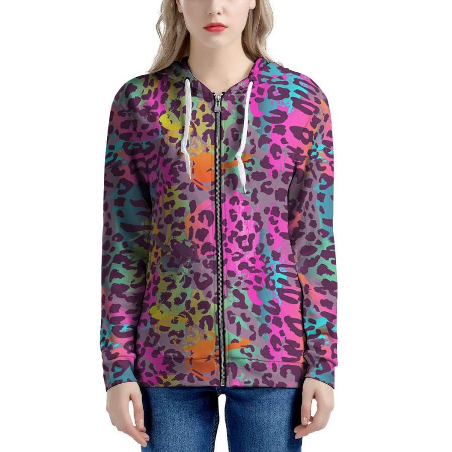 Colorful Leopard Women’s Zip Up Hoodie