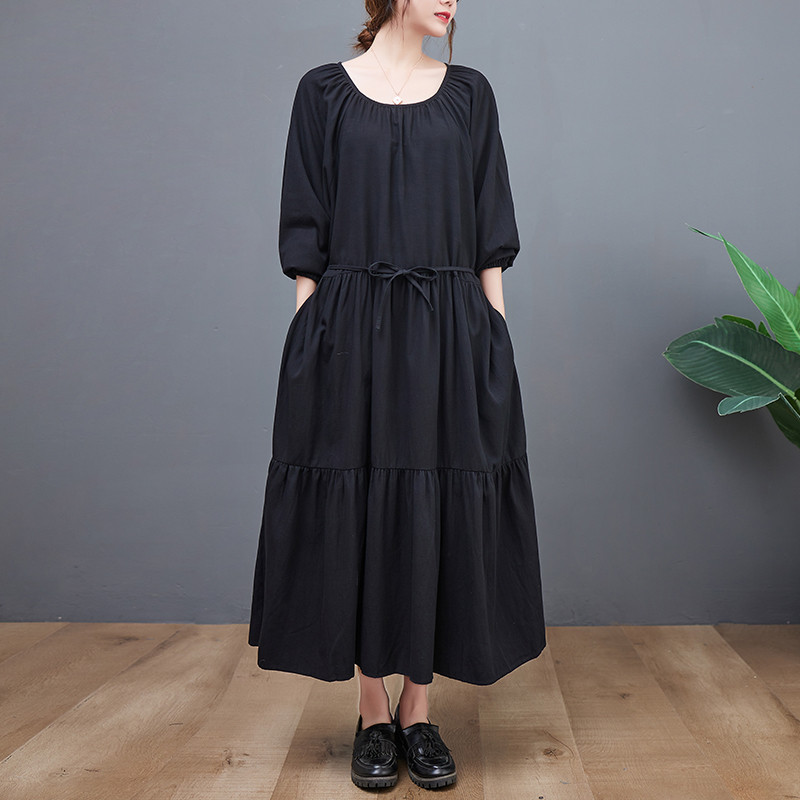 2022 New Japanese Style Patchwork Folds Loose Fashion Autumn Dress Women Casual Loose Spring Midi Dress Office Lady Work Dress alx