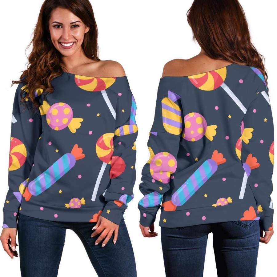 Candy Pattern Print Women Off Shoulder Sweatshirt