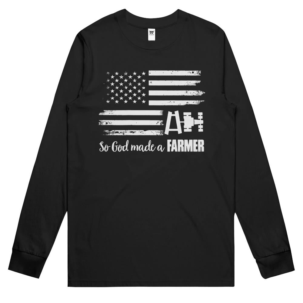 American Flag Tractor So God Made A Farmer Long Sleeve T Shirts