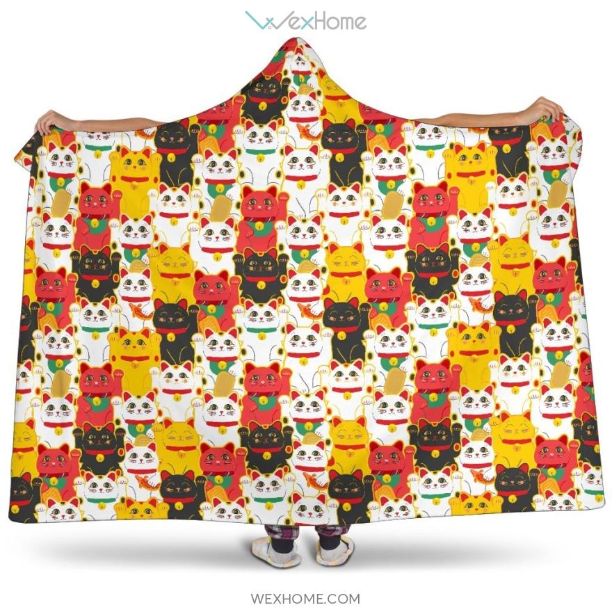 Colorful Maneki Neko Lucky Cat Pattern Hooded Blanket