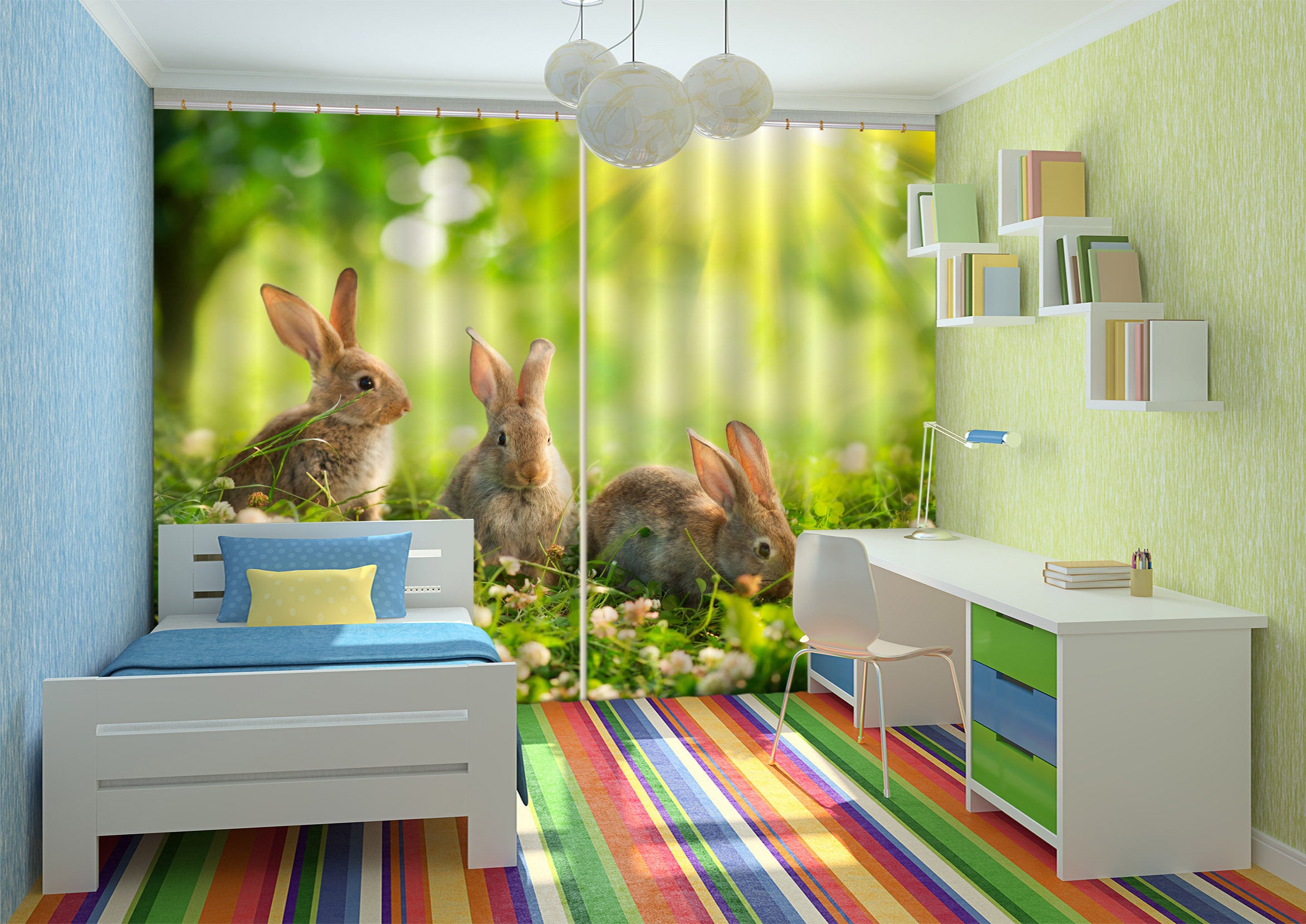 3D Rabbits In The Forest C249 Blockout Photo Curtain Print Curtains Drapes Fabric Window | 3D Large Photo Curtain, Jess Art Decoration Wallpaper