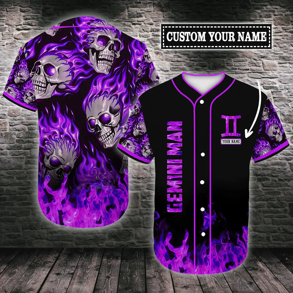 Personalized Custom Name Multi Color Gemini Skull Flame Baseball Tee Jersey Shirt