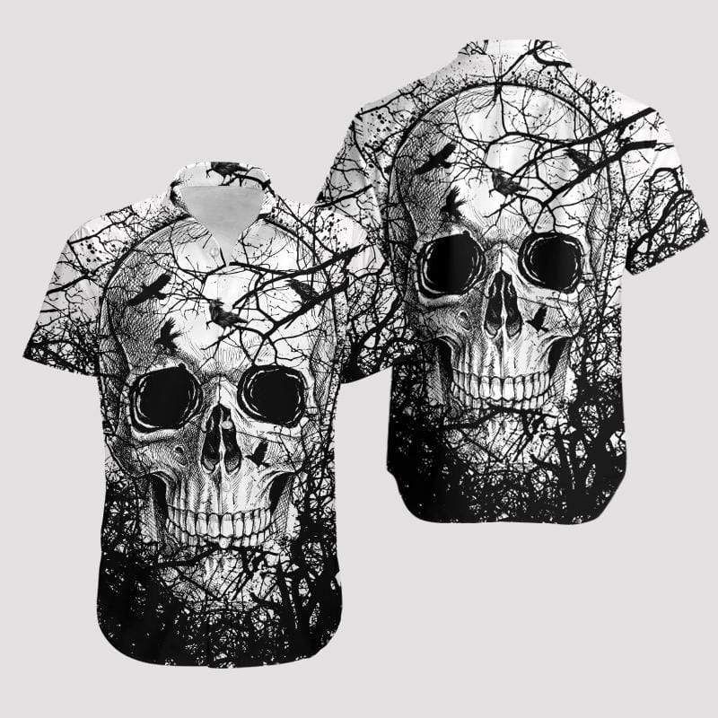 High Quality Skull Crow Black White Hawaii Aloha Shirts Ha8535