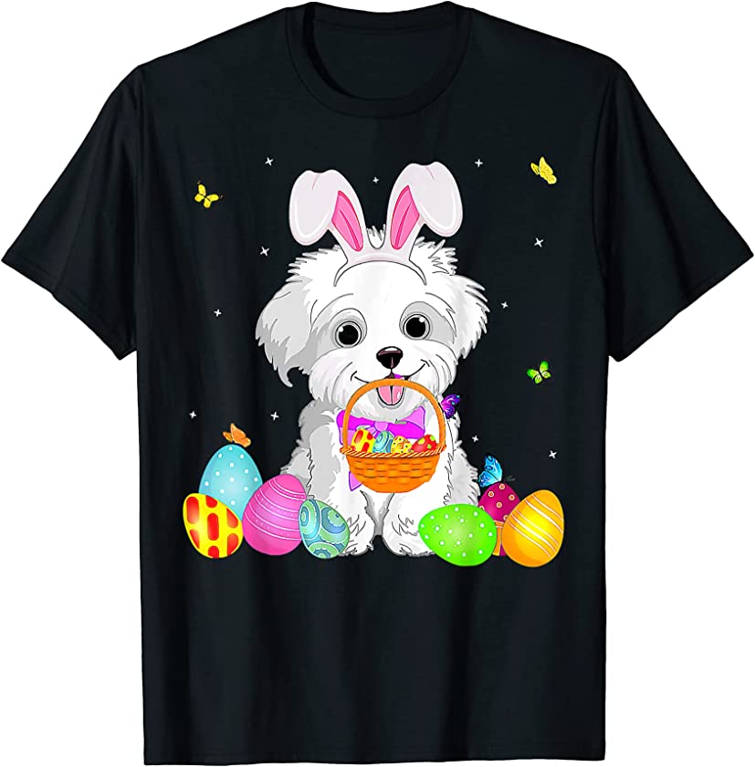 Cute Bunny Maltese Eggs Easter Day Womens Dog Mom T-Shirt