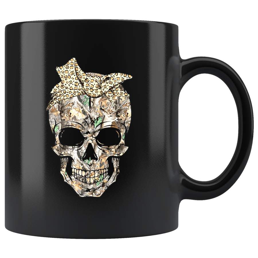 Deer Hunting Camouflage Skull With Leopard Bandana Black Coffee Mug