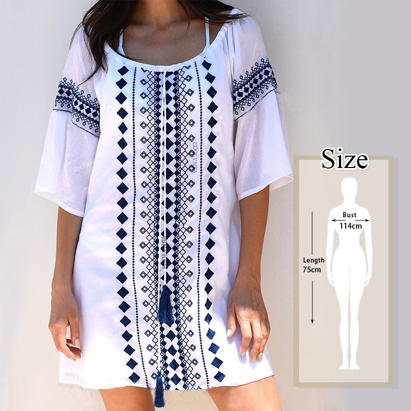 2022 Casual Embroidered Summer Beach Dress Women Beachwear Pareo White Cotton Tunic Sexy Half Sleeve Tassel Mini Dress N753 alx