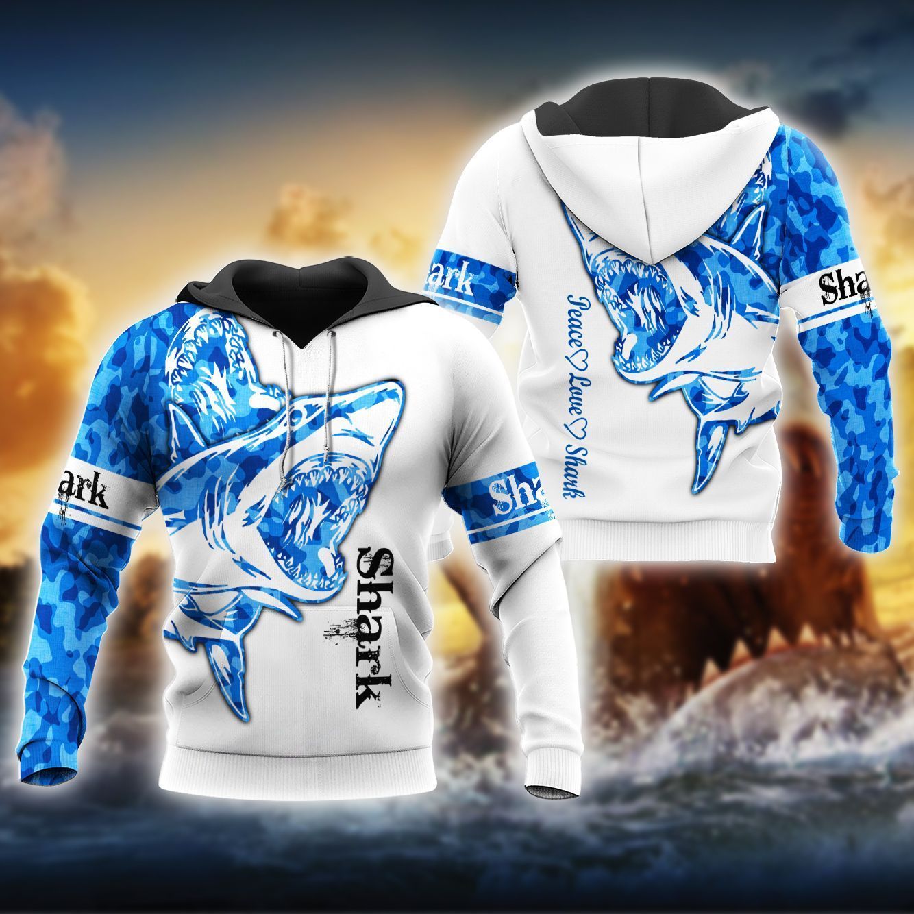 Shark White Blue Cool 3D Printed Sublimation Hoodie Hooded Sweatshirt Comfy Soft And Warm For Men Women S To 5Xl Ctc17012453