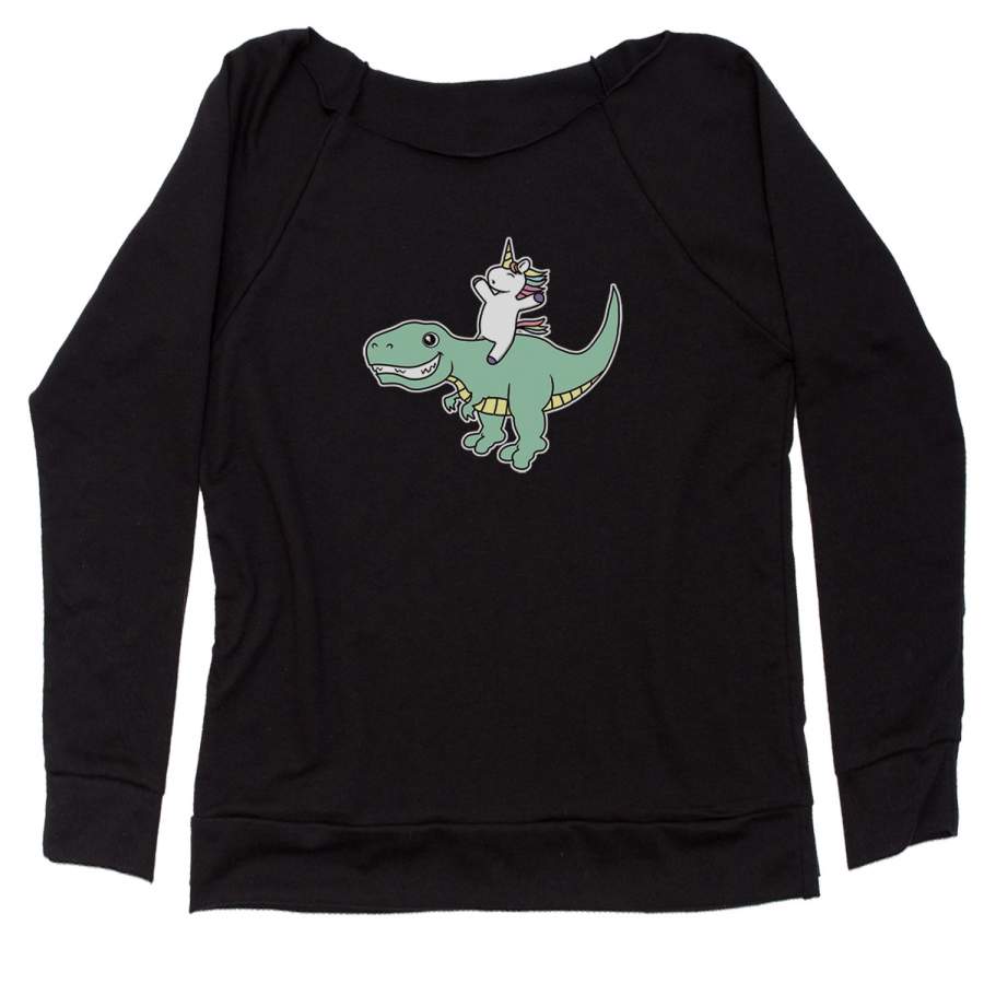 Unicorn Riding A Dinosaur Slouchy Off Shoulder Oversized Sweatshirt