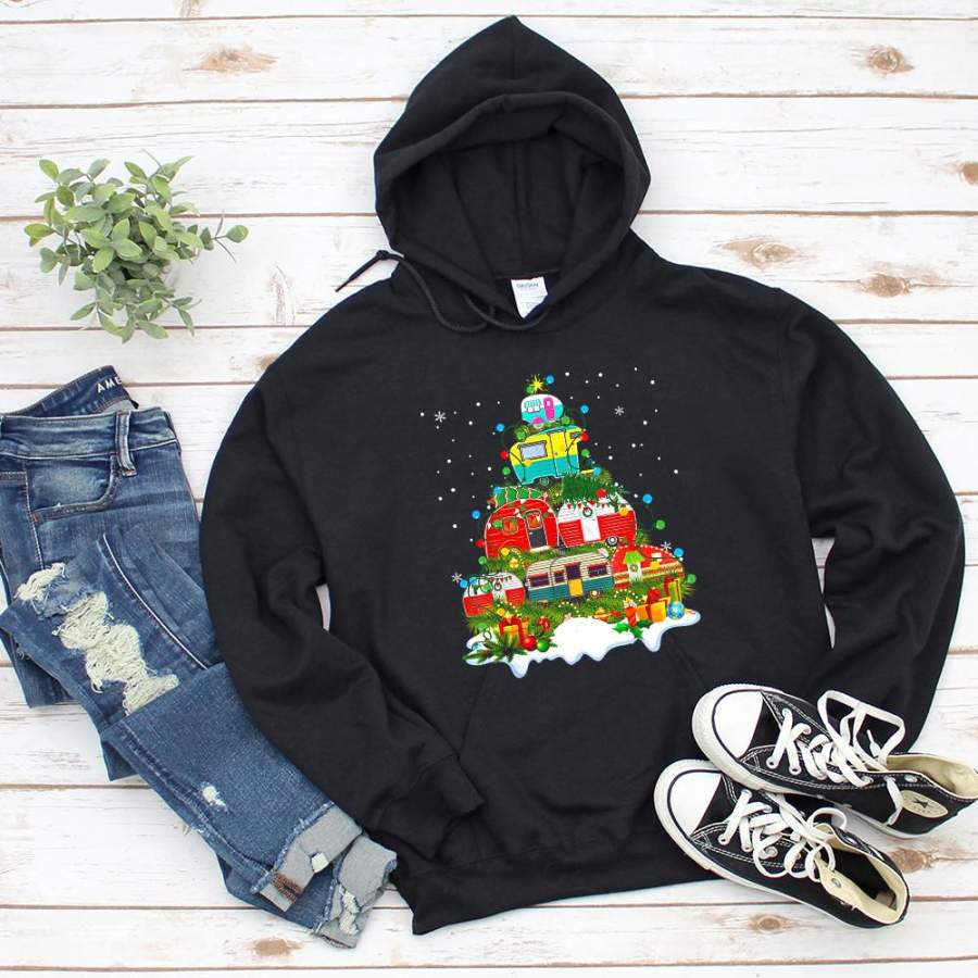 Camping merry christmas tree colorful light snow gifts black hoodie for men and women S-5XL