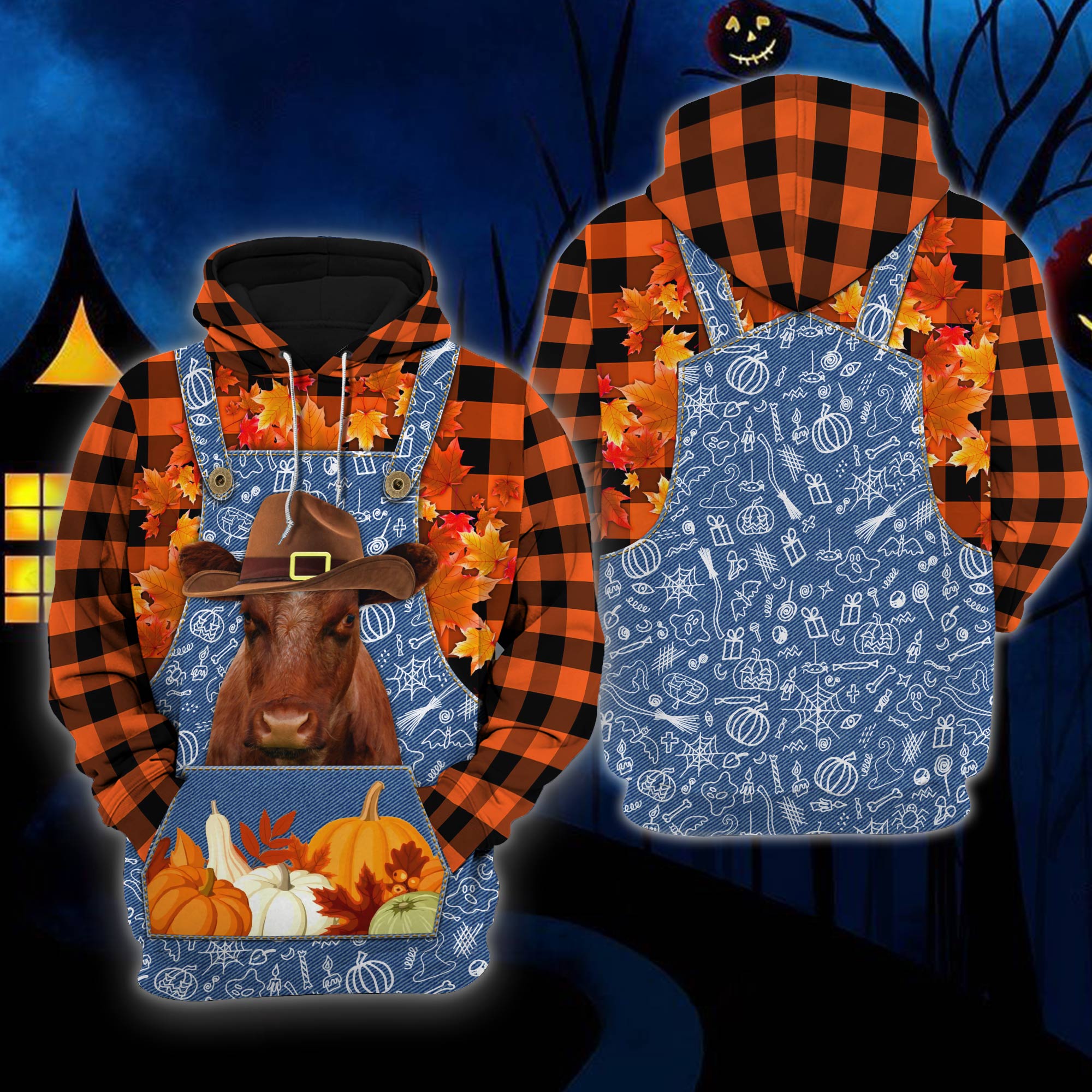 Happy Halloween Shorthorn Premium Hoodies, Orange Plaid All Printed Hoodie