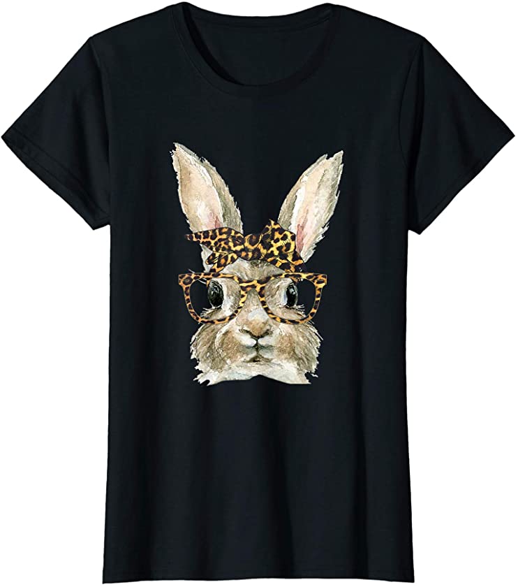 Womens Bunny Rabbit Glasses Leopard Print Bow Funny Hipster Easter T-Shirt