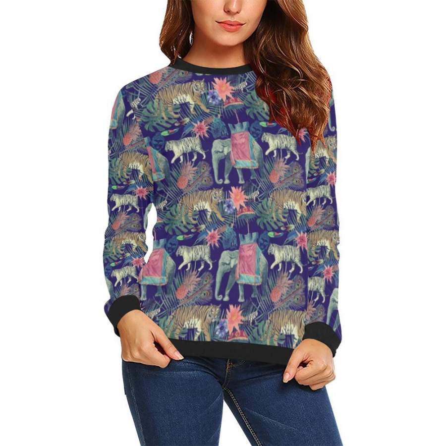 Tropical Palm Leave Peacock Tiger Elephant Women Crewneck Sweatshirt