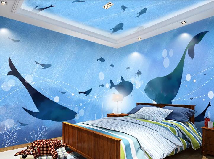 3D Hand Drawn Blue Sea Dolphin Wall Mural Wallpaper Lqh 411