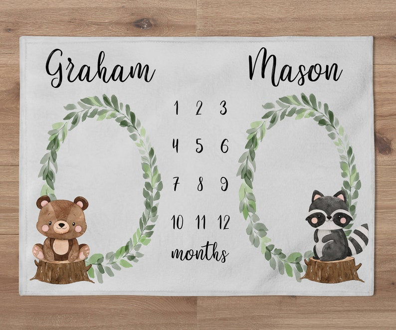 Twin Milestone Baby Blanket, Woodland Milestone Blanket, Bear, Racoon, Woodland Baby Age Blanket, Woodland Animal Nursery, Baby Shower Gift